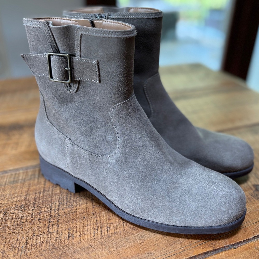 Vionic Womens Jill Zip Short Boot Suede Gray Beige Buckle Size 9.5 Wide